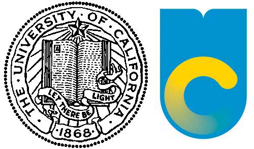 The older, unofficial University of California seal is displayed to the left of the system's recent monogram logo. Use of the logo was suspended Friday amid complaints from alumni and others.