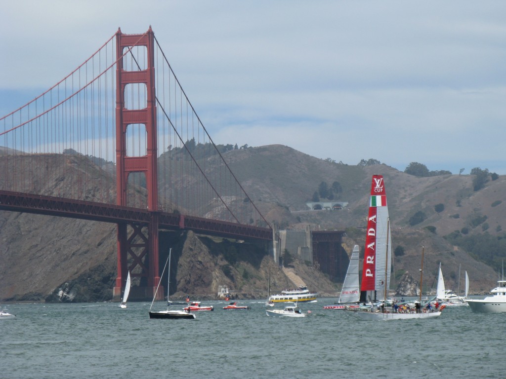 Luna Rossa Challenge heads close toward the bridge during the first race of the Louis Vuitton Cup Finals on Saturday, Aug. 17, 2013, in San Francisco.