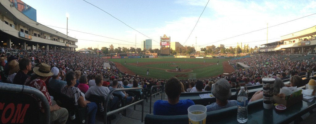 A large crowd watches the Sacramento River Cats take on the Las Vegas 51s in minor league baseball on Saturday, Aug. 2, 2014, in West Sacramento, Calif.