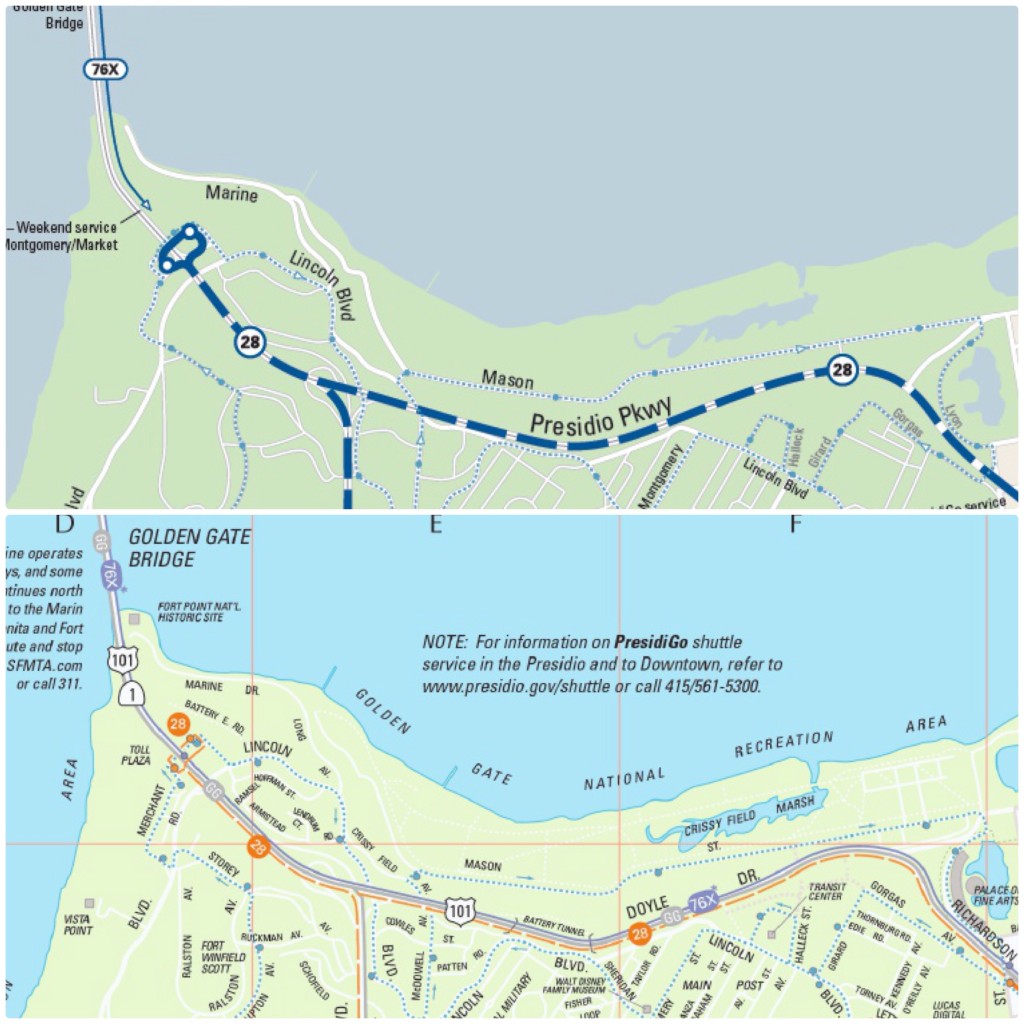 A side-by-side comparison of how the Presidio is depicted in the old and new Muni maps.