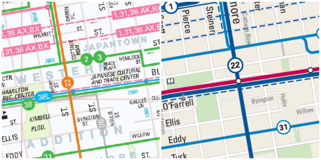 A side-by-side comparison of how Japantown is depicted in the old and new Muni maps.
