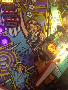 Some of the playfield art for 1994's World Cup Soccer pinball game on display at the 2014 Pin-a-Go-Go show in Dixon, California.