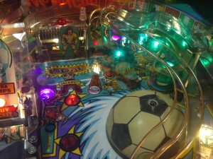 A portion of the playing field for 1994's World Cup Soccer pinball game on display at the 2014 Pin-a-Go-Go show in Dixon, California.