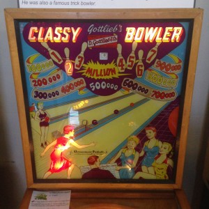 Backglass art for the Classy Bowler pinball game on display at the 2014 Pin-a-Go-Go show in Dixon, 